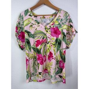 Tommy Bahama Womens Large Kauai Legacy Blooms V-Neck T-Shirt Tropical Resortwear